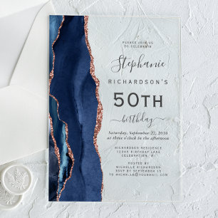 Navy Blue Rose Gold Agate 50th Birthday Party Acrylic Invitations