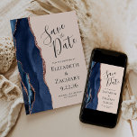 Navy Blue Rose Gold Agate Blush Save the Date<br><div class="desc">The left-hand edge of this elegant modern wedding save the date card features a navy blue watercolor agate border trimmed with faux rose gold glitter. The customisable text combines charcoal grey handwriting, copperplate and italic fonts on a blush background. The reverse side features a matching navy blue and rose gold...</div>