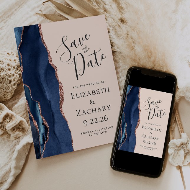 Navy Blue Rose Gold Agate Blush Save the Date (Creator Uploaded)