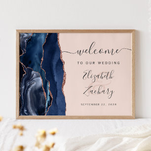Navy Blue Rose Gold Agate Blush Wedding Welcome Poster