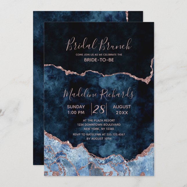 Navy Blue Rose Gold Agate Bridal Brunch Invitation (Front/Back)