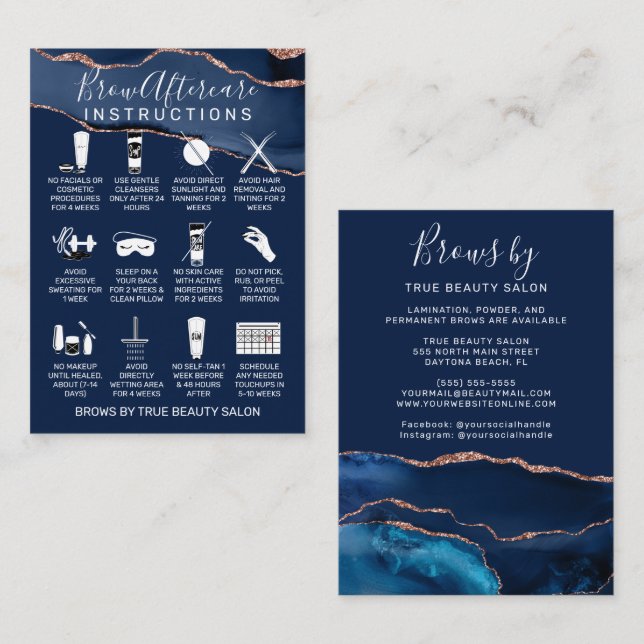Navy Blue Rose Gold Agate Brows Aftercare Icon Business Card (Front/Back)