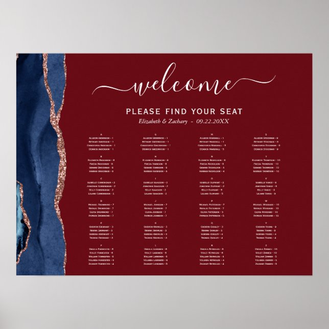 Navy Blue Rose Gold Agate Burgundy Wedding Seating Poster (Front)