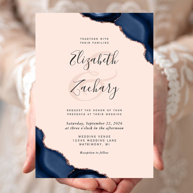 Navy Blue Rose Gold Agate Corners Blush Wedding Invitation (Creator Uploaded)