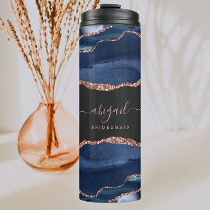 Navy Blue Rose Gold Agate Dark Bridesmaid Wedding Thermal Tumbler