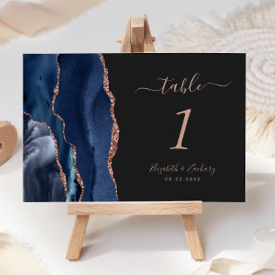 Navy Blue Rose Gold Agate Dark Wedding Table Number
