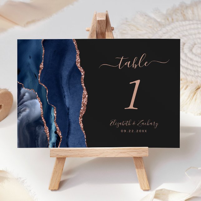 Navy Blue Rose Gold Agate Dark Wedding Table Number (Creator Uploaded)