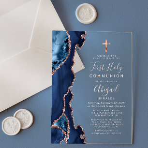 Navy Blue Rose Gold Agate First Holy Communion Acrylic Invitations