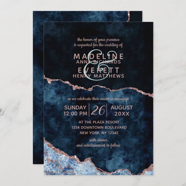 Navy Blue Rose Gold Agate Gilt Wedding Invitations (Front/Back)
