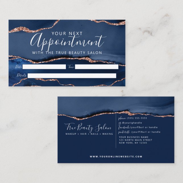 Navy Blue Rose Gold Agate Marble  Appointment Card (Front/Back)