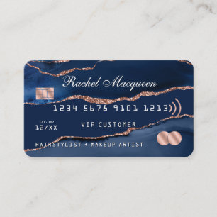 Navy Blue Rose Gold Agate Marble Credit Business Card