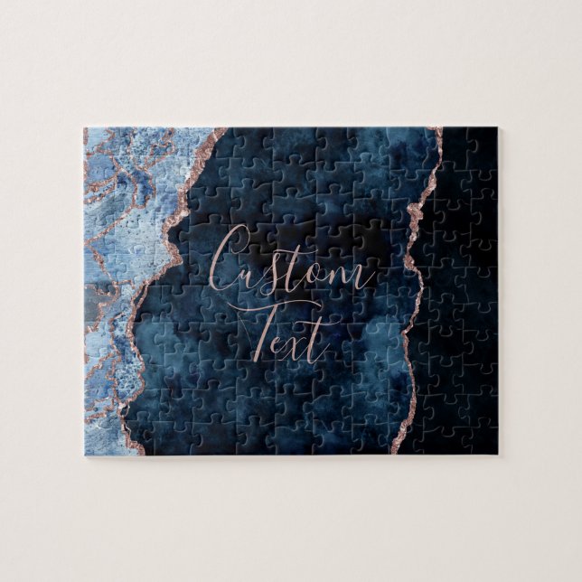 Navy Blue & Rose Gold Agate Marble Custom Text Jigsaw Puzzle (Horizontal)