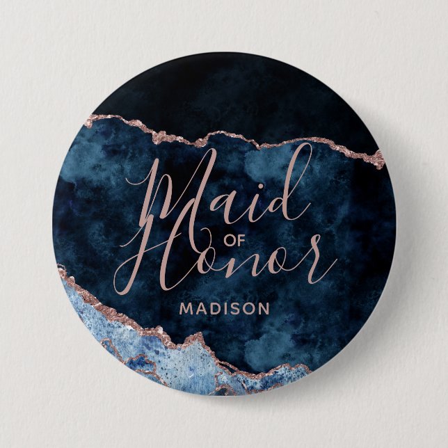 Navy Blue & Rose Gold Agate Marble Maid of Honour 7.5 Cm Round Badge (Front)
