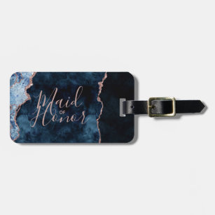 Navy Blue & Rose Gold Agate Marble Maid of Honour Luggage Tag