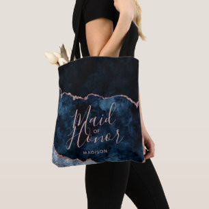 Navy Blue & Rose Gold Agate Marble Maid of Honour Tote Bag