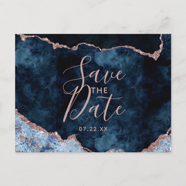 Navy Blue Rose Gold Agate Marble Save the Date Announcement Postcard (Front)