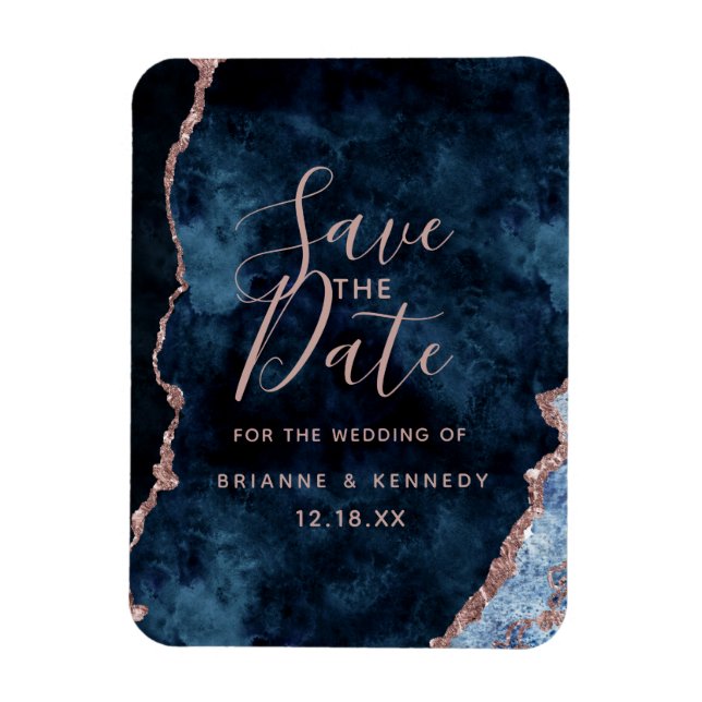 Navy Blue Rose Gold Agate Marble Save the Date Magnet (Vertical)