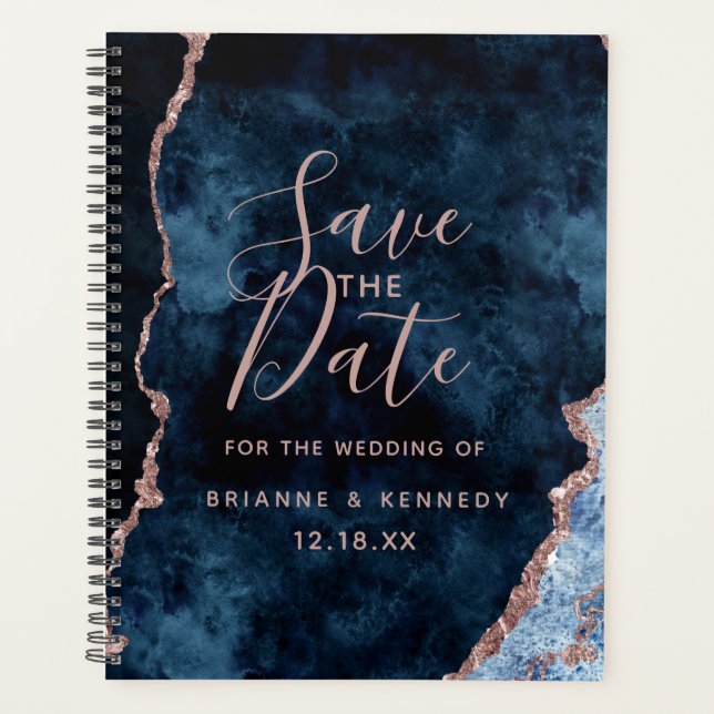 Navy Blue Rose Gold Agate Marble Save the Date Planner (Front)