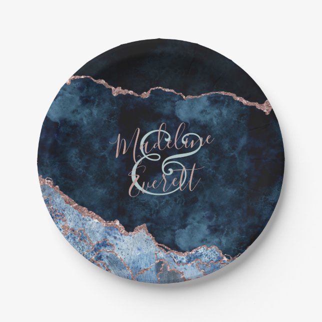 Navy Blue Rose Gold Agate Marble Wedding Monogram Paper Plate (Front)