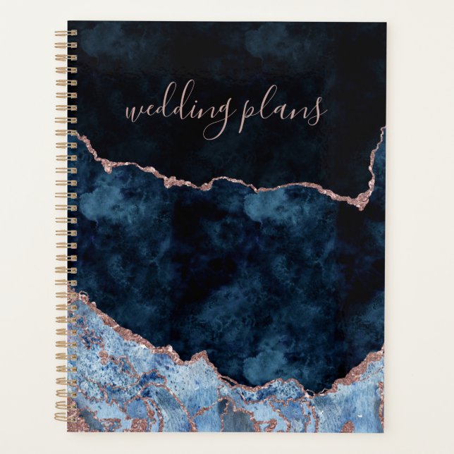 Navy Blue Rose Gold Agate Marble Wedding Plans Planner (Front)