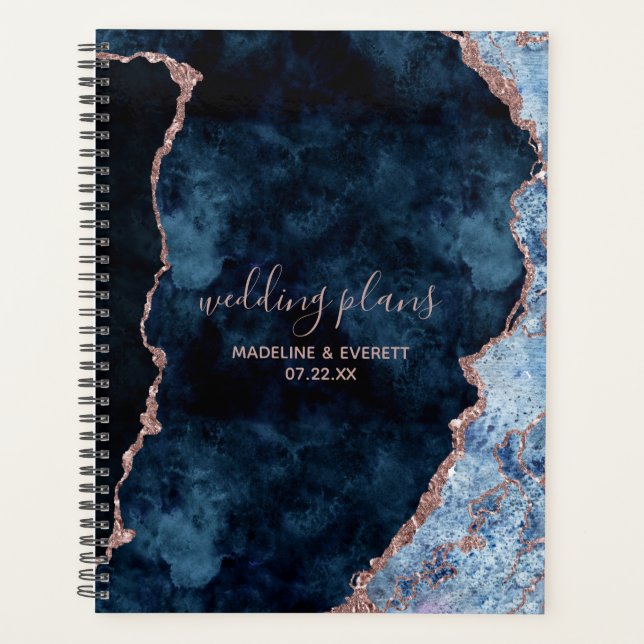 Navy Blue Rose Gold Agate Marble Wedding Plans Planner (Front)