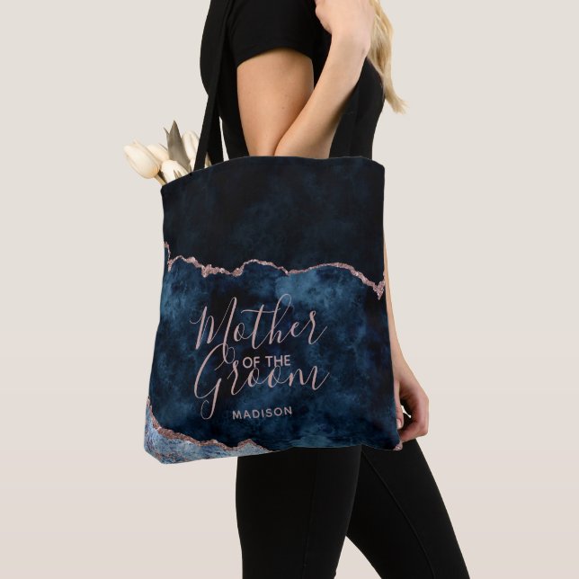 Navy Blue & Rose Gold Agate Mother of the Groom Tote Bag (Close Up)