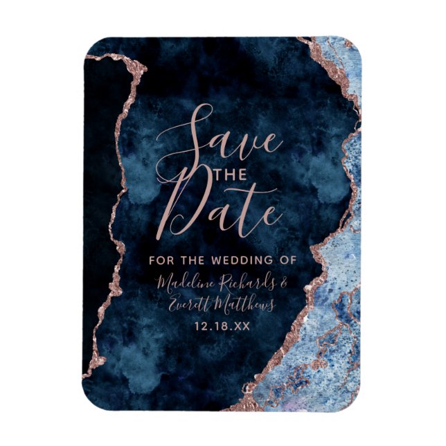 Navy Blue Rose Gold Agate Save the Date Wedding Magnet (Vertical)