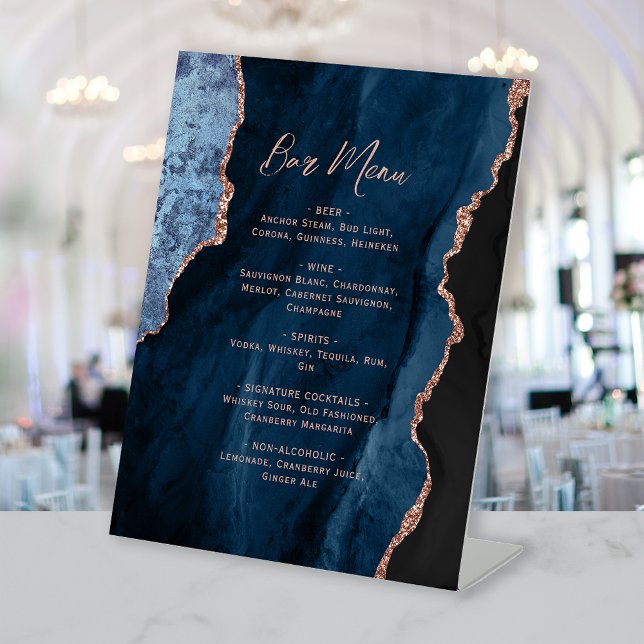 Navy Blue Rose Gold Agate Wedding Bar Menu Pedestal Sign (Creator Uploaded)