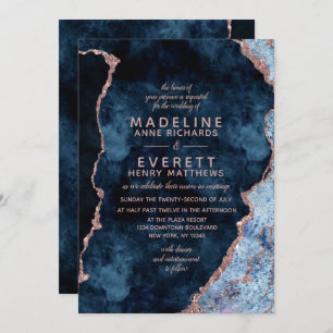 Navy Blue & Rose Gold Agate Wedding Invitations