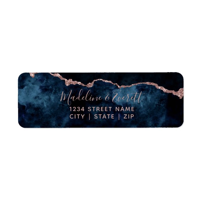 Navy Blue Rose Gold Agate Wedding Return Address Label (Front)