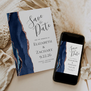 Navy Blue Rose Gold Agate Wedding Save the Date Invitation