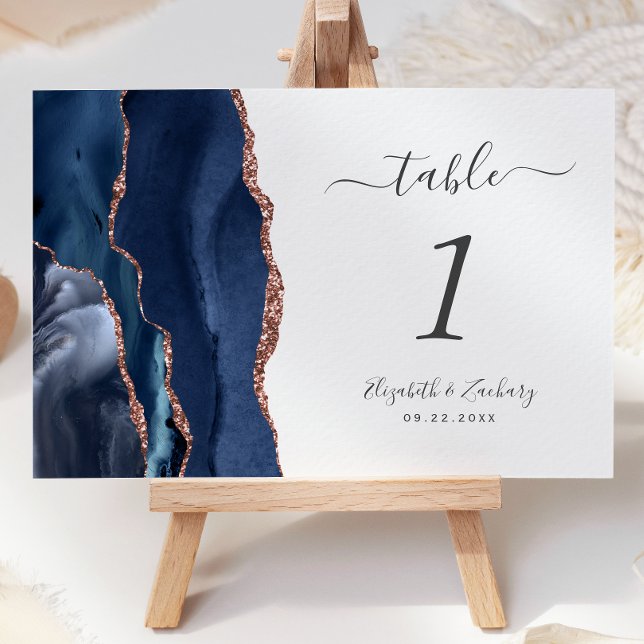 Navy Blue Rose Gold Agate Wedding Table Number (Creator Uploaded)