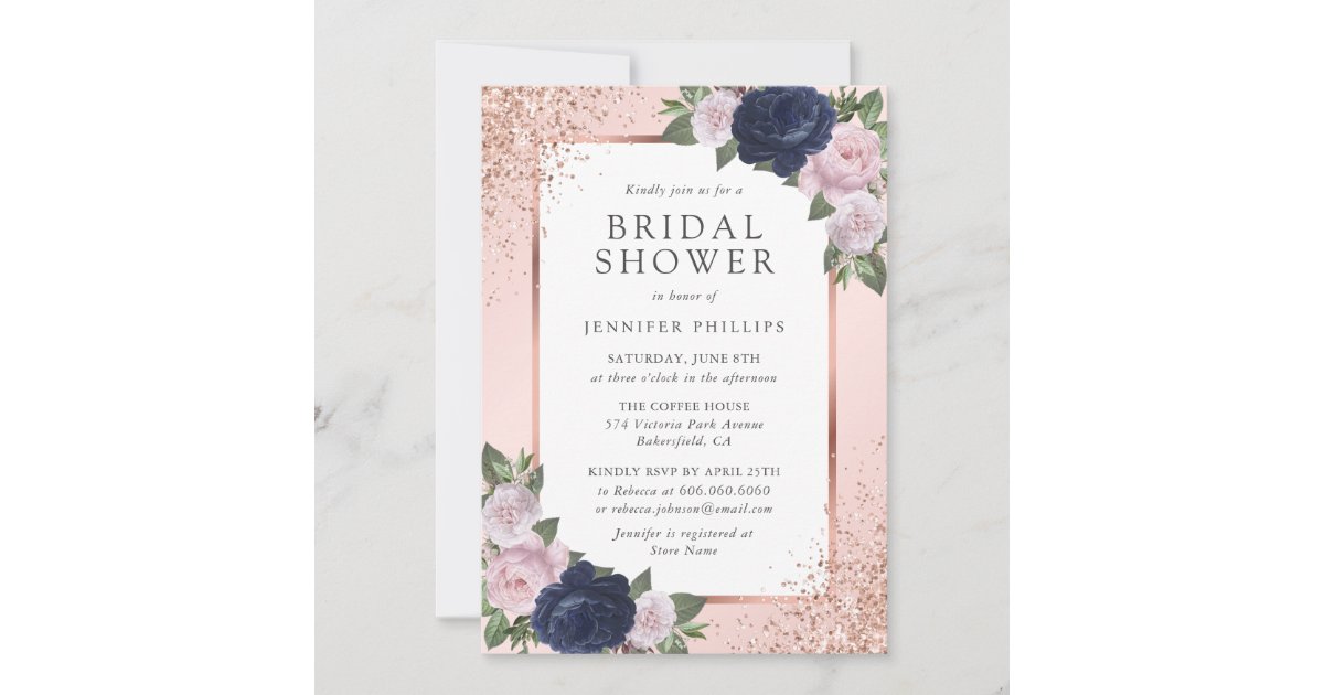 Navy Blue Rose Gold Blush Floral Bridal Shower Invitation | Zazzle