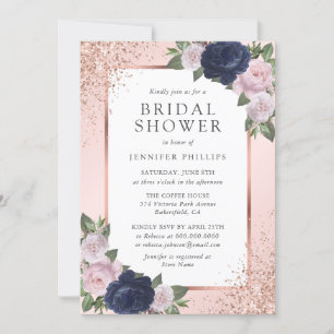 Navy Blue Rose Gold Blush Floral Bridal Shower Invitation