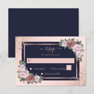 Navy Blue Rose Gold Blush Pink Floral Wedding RSVP Card