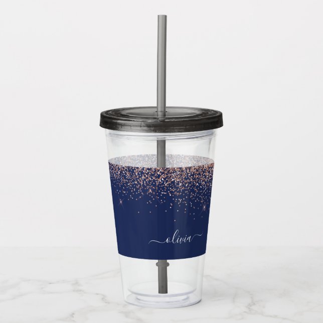 Navy Blue Rose Gold Blush Pink Glitter Monogram Acrylic Tumbler (Front)