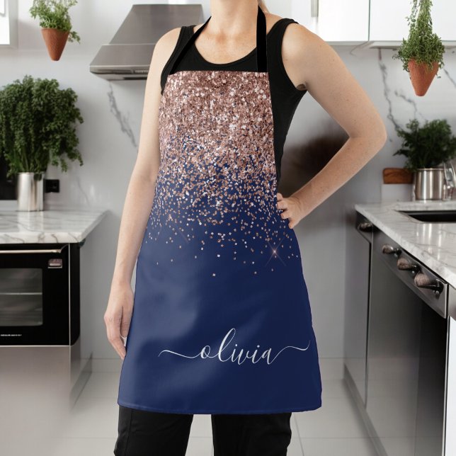Navy Blue Rose Gold Blush Pink Glitter Monogram Apron (Creator Uploaded)