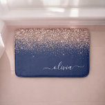 Navy Blue Rose Gold Blush Pink Glitter Monogram Bath Mat<br><div class="desc">Navy Blue and Rose Gold - Blush Pink Faux Sparkle Glitter Script Monogram Name Bath Mats. This makes the perfect graduation,  birthday,  wedding,  bridal shower,  anniversary,  baby shower or bachelorette party gift for someone that loves glam luxury and chic styles.</div>