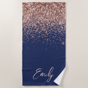 Navy Blue Rose Gold Blush Pink Glitter Monogram Beach Towel