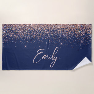 Navy Blue Rose Gold Blush Pink Glitter Monogram Beach Towel