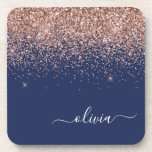 Navy Blue Rose Gold Blush Pink Glitter Monogram Coaster<br><div class="desc">Navy Blue and Rose Gold Blush Pink Glitter Script Monogram Name Paper Coasters. This makes the perfect graduation,  birthday,  wedding,  bridal shower,  anniversary,  baby shower or bachelorette party gift for someone that loves glam luxury and chic styles.</div>