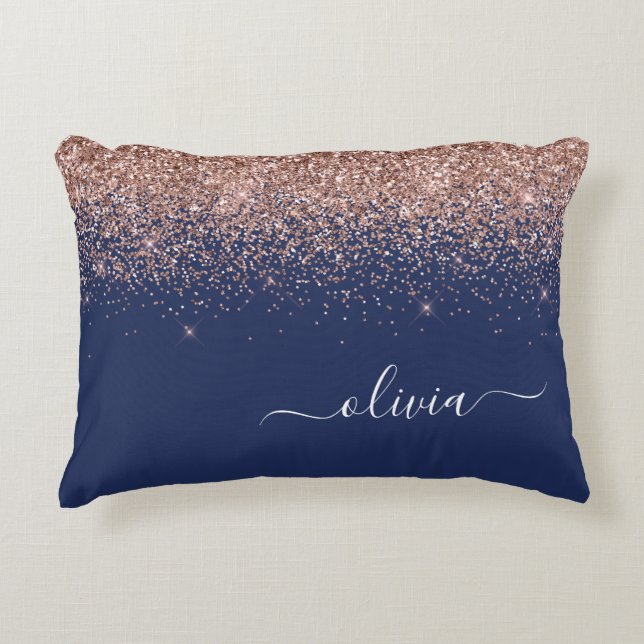 Navy Blue Rose Gold Blush Pink Glitter Monogram Decorative Cushion (Front)