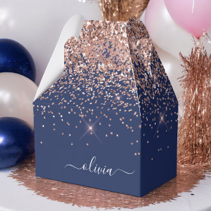 Navy Blue Rose Gold Blush Pink Glitter Monogram Favour Box