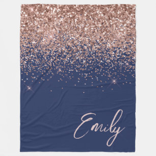 Navy Blue Rose Gold Blush Pink Glitter Monogram Fleece Blanket