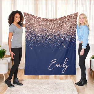 Navy Blue Rose Gold Blush Pink Glitter Monogram Fleece Blanket