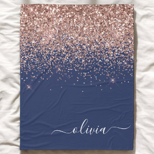 Navy Blue Rose Gold Blush Pink Glitter Monogram Fleece Blanket