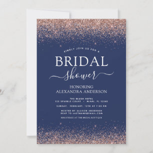 Navy Blue Rose Gold Blush Pink Glitter Monogram Invitation