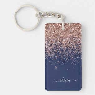 Navy Blue Rose Gold Blush Pink Glitter Monogram Key Ring