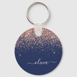Navy Blue Rose Gold Blush Pink Glitter Monogram Key Ring