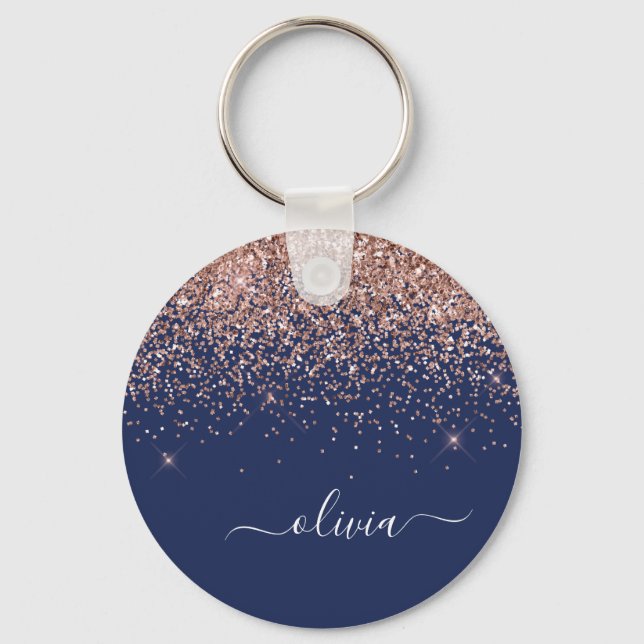 Navy Blue Rose Gold Blush Pink Glitter Monogram Key Ring (Front)